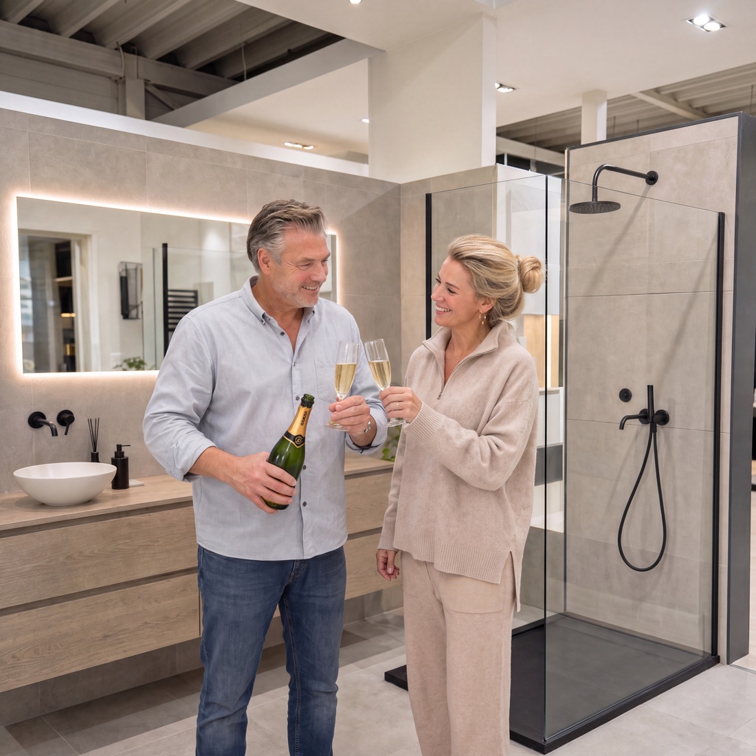Stel proost met champagne in hun nieuwe badkamer