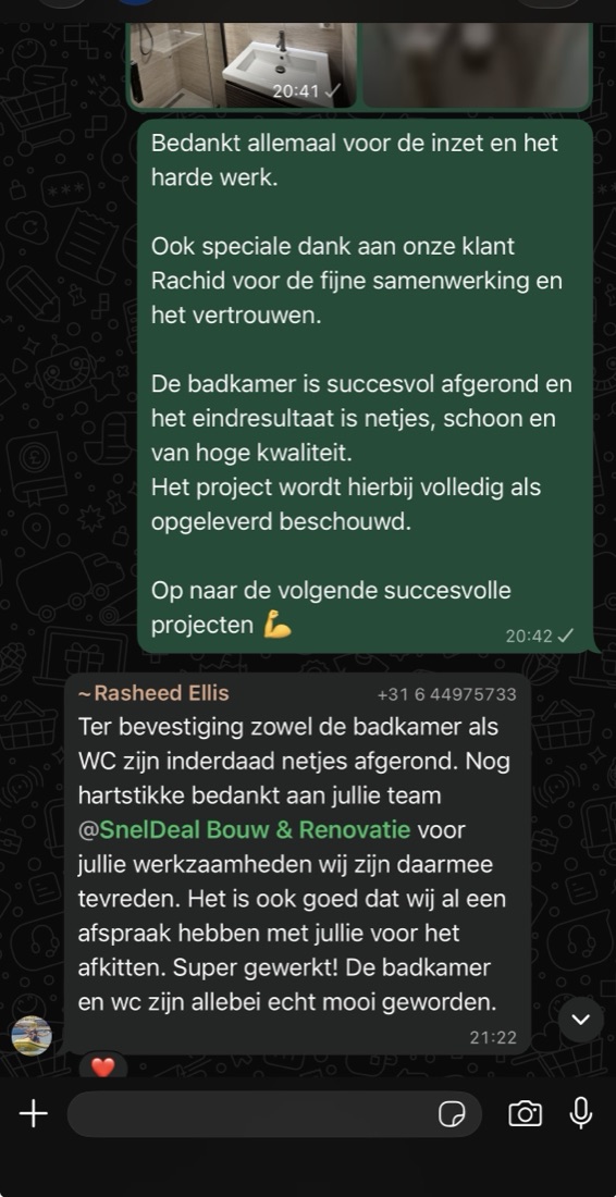 WhatsApp-bericht van een tevreden klant over hun nieuwe badkamer